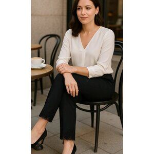 Jones New York Black Flat Front Wool Blend Pants Black Embroidered Cuffs Size 12